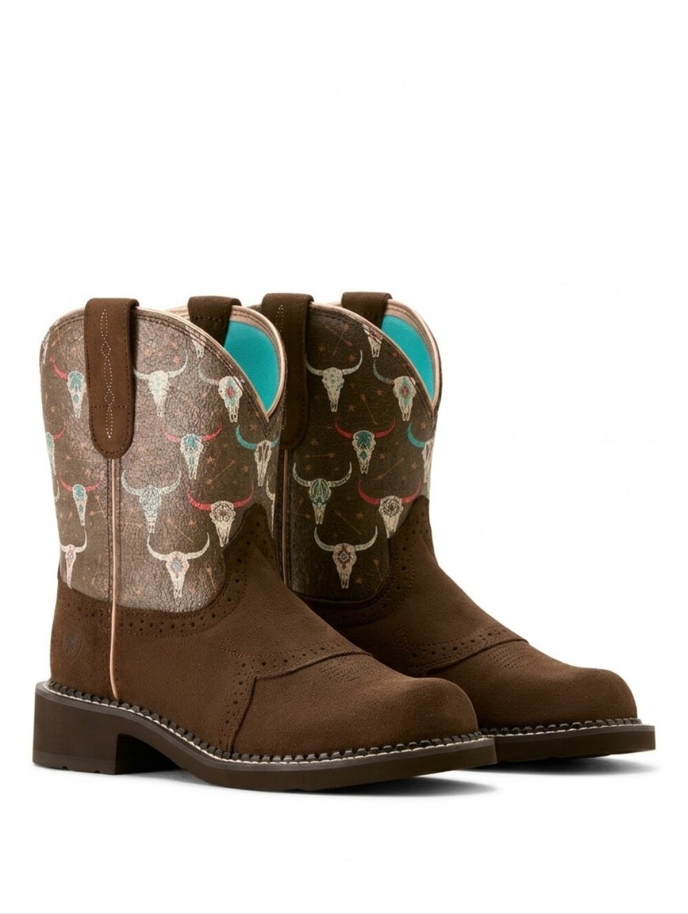 Ariat Brown Boho Skulls Cowboy Boots with Turquoise Accent Size 11 NIB